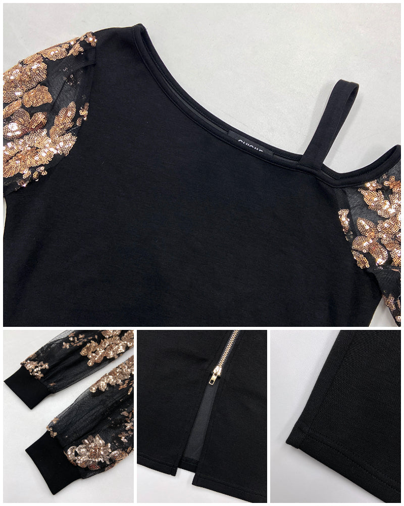 Floral Pattern Contrast Sequin Cold Shoulder Bodycon Dress Zip Up Sheer Mesh Patch Midi Dress