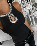 Rhinestone Contrast Sequin Keyhole Neck Sleeveless Slim Fit Elasticity Ribbed Top Elegant Tank