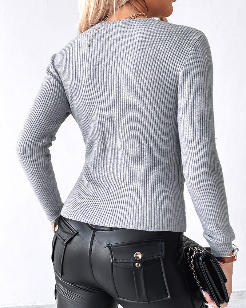 Overlap V-Neck Ruched Side Button Decor Knit Sweater Slim Fit Ribbed Pullover Top