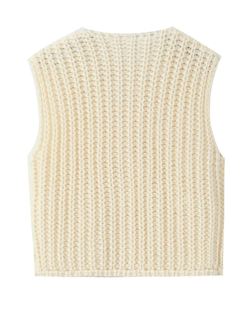 V-Neck Sleeveless Button Front Knit Vest Casual Loose Fit Sweater Top with Pockets