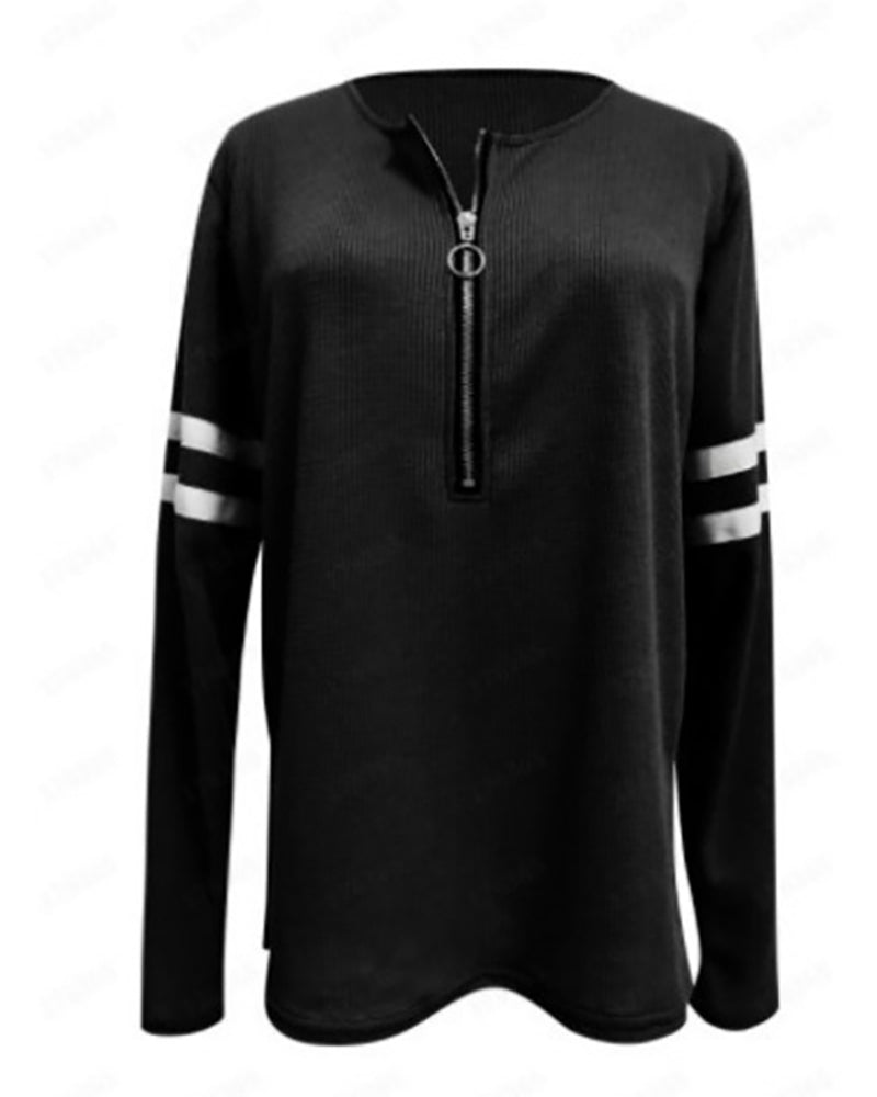 Striped Print Zipper Front Long Sleeve Top  Waffle Knit Loose Fitting Tunic Tops