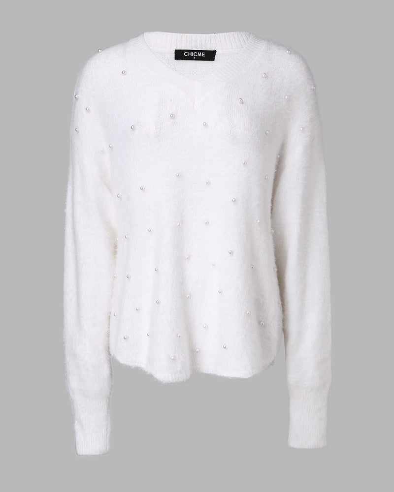 V Neck Long Sleeve Beaded Decor Oversized Sweater Fluffy Pullover Top