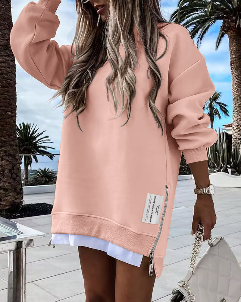 Letter Patch Detail Long Sleeve Drop Shoulder Pullover Sweatshirt Casual Zipper Side Slit Top