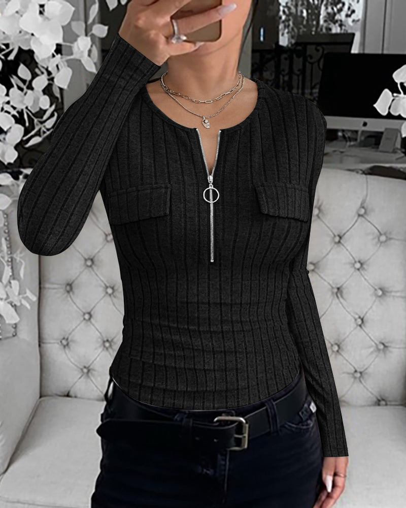 Long Sleeve Half Zip Flap Detail Ribbed Tee Slim Fit Brushed Top