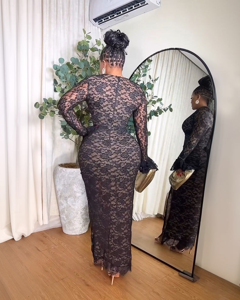 Elegant Lace Plunge V Neckline Long Sleeve Dress Casual Slim Fit Slit Evening Maxi Dress