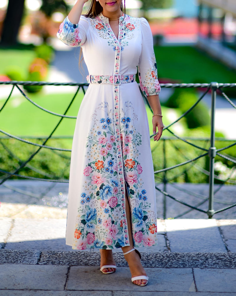 Floral Print V Neck Three Quarters Tied Detail Blouse Dress Casual A Line Slim Fit Maxi Dress