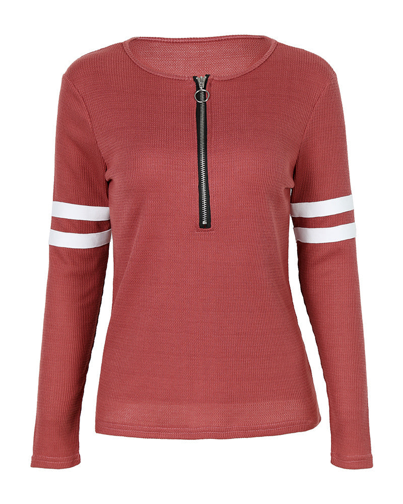 Striped Print Zipper Front Long Sleeve Top  Waffle Knit Loose Fitting Tunic Tops