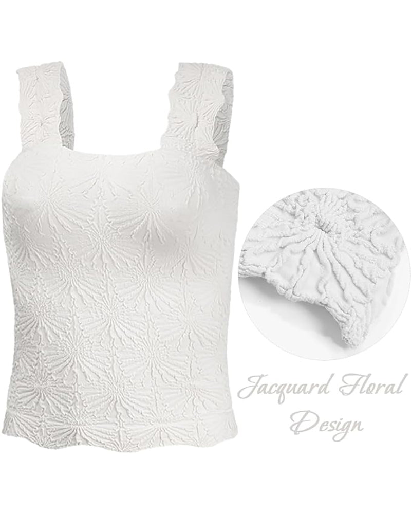 Floral Jacquard Square Neck Thick Strap Crop Tank Casual Sleeveless Top