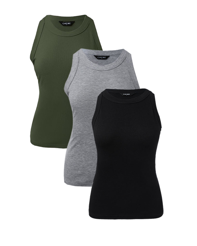 3 Pack Knit Round Neck Thick Strap Racerback Tank Tops(Without Pads)