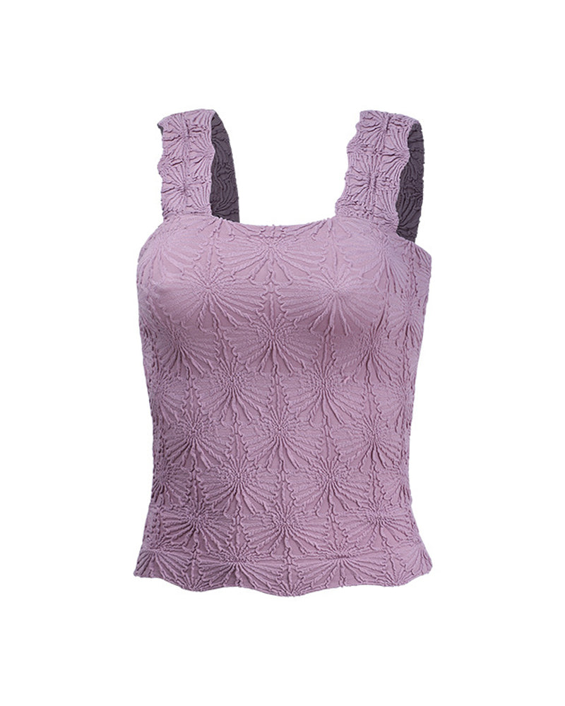 Floral Jacquard Square Neck Thick Strap Crop Tank Casual Sleeveless Top