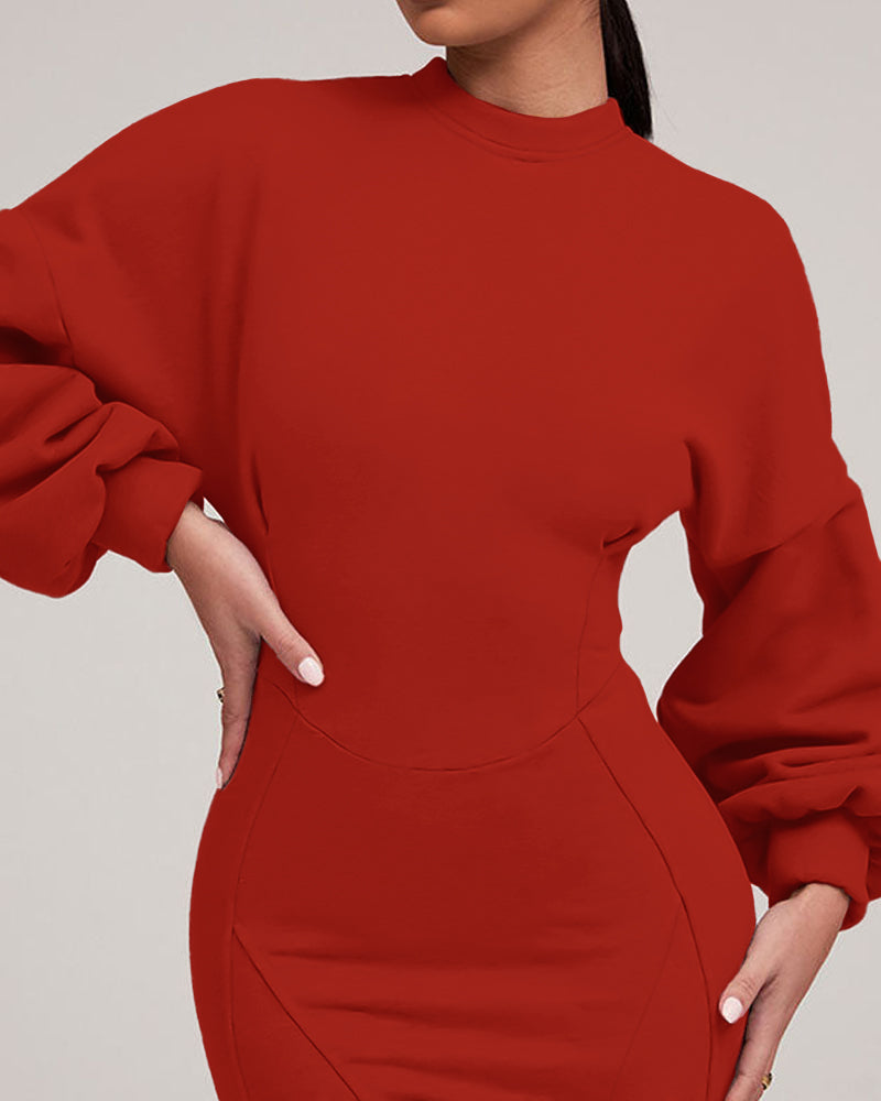 Lantern Sleeve Bodycon Pullover Sweatshirt Dress Crew Neck Mini Dress