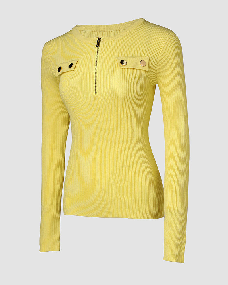 Crewneck Half Zipper Flap Detail Knit Sweater Long Sleeve Slim Fit Ribbed Pullover Top