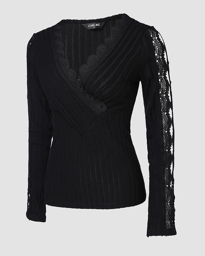 Overlap V-Neck Lace Trim Hollow-out Long Sleeve Tee Slim Fit Ribbed Layering Top