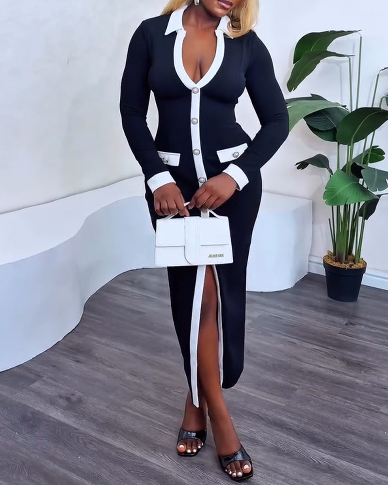 Pearls Button Decor Contrast Paneled Turn-down Collar Slit Front Dress Zipper Side Flap Detail Slim Fit Commuting Dress