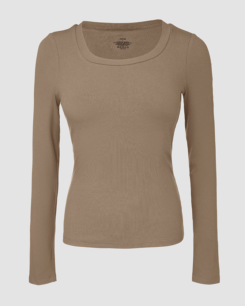 Chicme Built In Bra U Neck Long Sleeve Ribbed Top