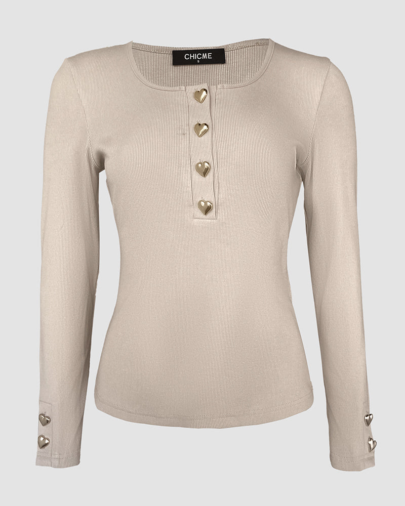 Square Neck Long Sleeve Half Heart Button Tee Slim Fit Ribbed Layering Top