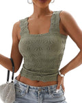 Floral Jacquard Square Neck Thick Strap Crop Tank Casual Sleeveless Top