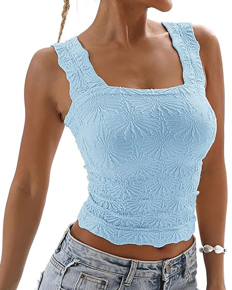 Floral Jacquard Square Neck Thick Strap Crop Tank Casual Sleeveless Top