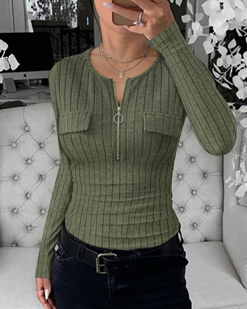 Long Sleeve Half Zip Flap Detail Ribbed Tee Slim Fit Brushed Top