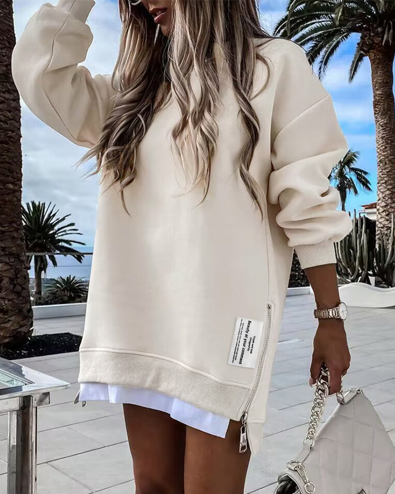 Letter Patch Detail Long Sleeve Drop Shoulder Pullover Sweatshirt Casual Zipper Side Slit Top