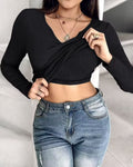 Chicme Built In Bra Notch Neck Long Sleeve Shirts Rib Knit Ruched Waist Top