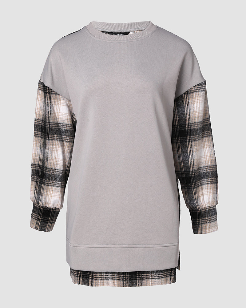 Plaid Print Spliced Long Sleeve Drop Shoulder Sweatshirt Casual Side Slit Top