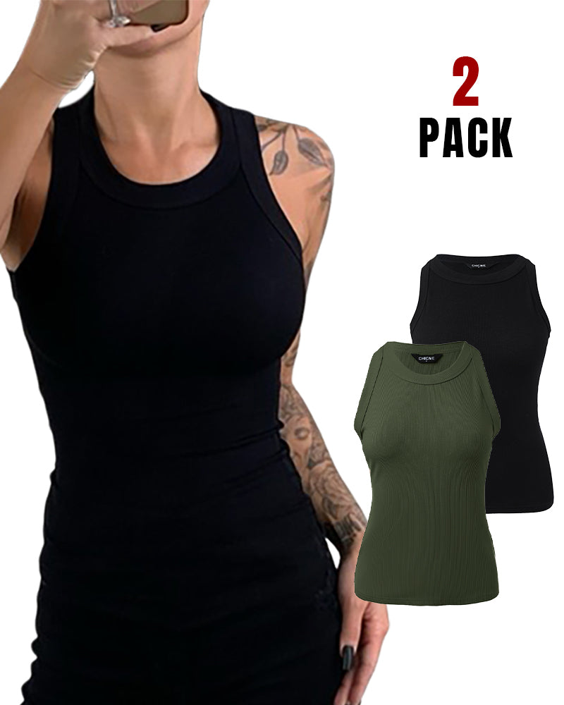 2-Pack Round Neck Thick Strap Racerback Ribbed Tank Slim Fit Tops without Bra Pads