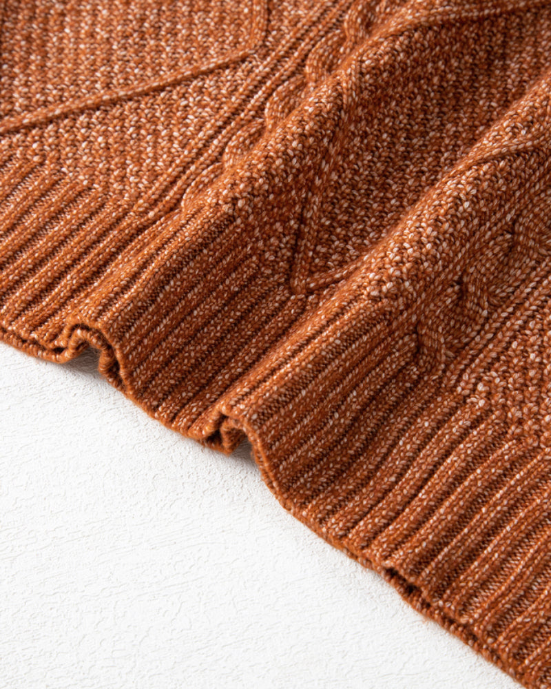 Round Neck Long Sleeve Drop Shoulder Pullover Sweater Casual Loose Fit Cable Knit Mid Length Sweater