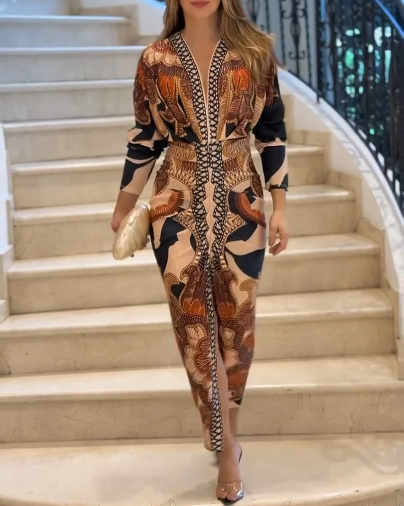 Vintage Baroque Deep V Neck Long Sleeve Slit Bodycon Dress Ruched Slim Fit Vacation Dress