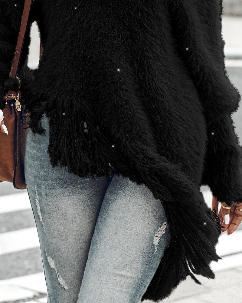 V-Neck Long Sleeve Sweater Fringe Pullover Casual Tassel Fall Winter Top