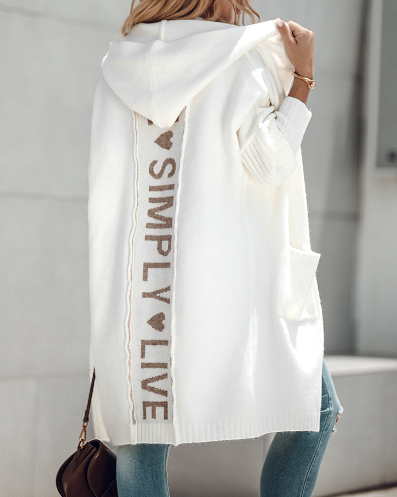 Letter Heart Pattern Long Cardigans Knitted Open Front Oversized Hooded Outerwear Sweater Coat