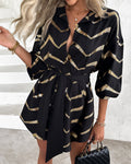 Bronzing Chevron Print Turn-down Collar Tied Detail Shirt Dress