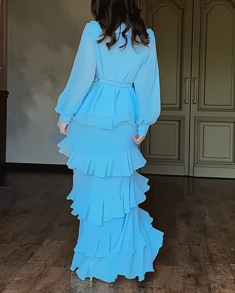 French Style Rhinestone Decor Ruffles Round Neck Lantern Sleeve Asymmetrical Hem Dress Zipper Back Layered Ruffle Hem Chiffon Evening Dress with Belt