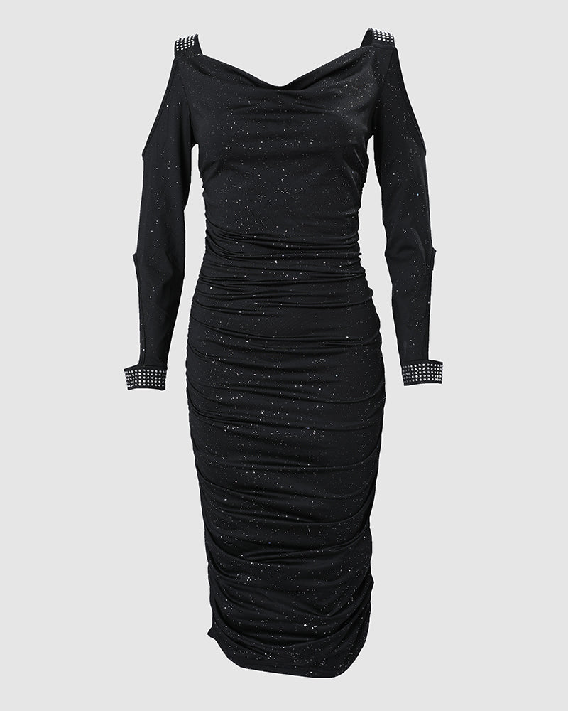 Rhinestone Decor Cold Shoulder Glitter Bodycon Dress