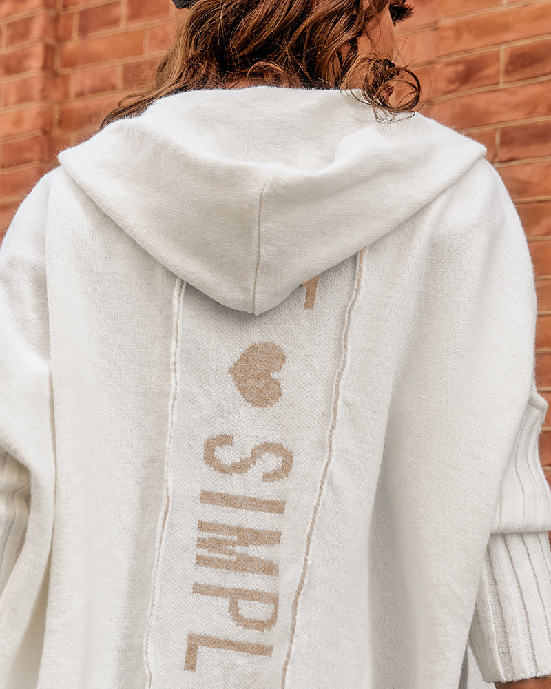 Letter Heart Pattern Long Cardigans Knitted Open Front Oversized Hooded Outerwear Sweater Coat