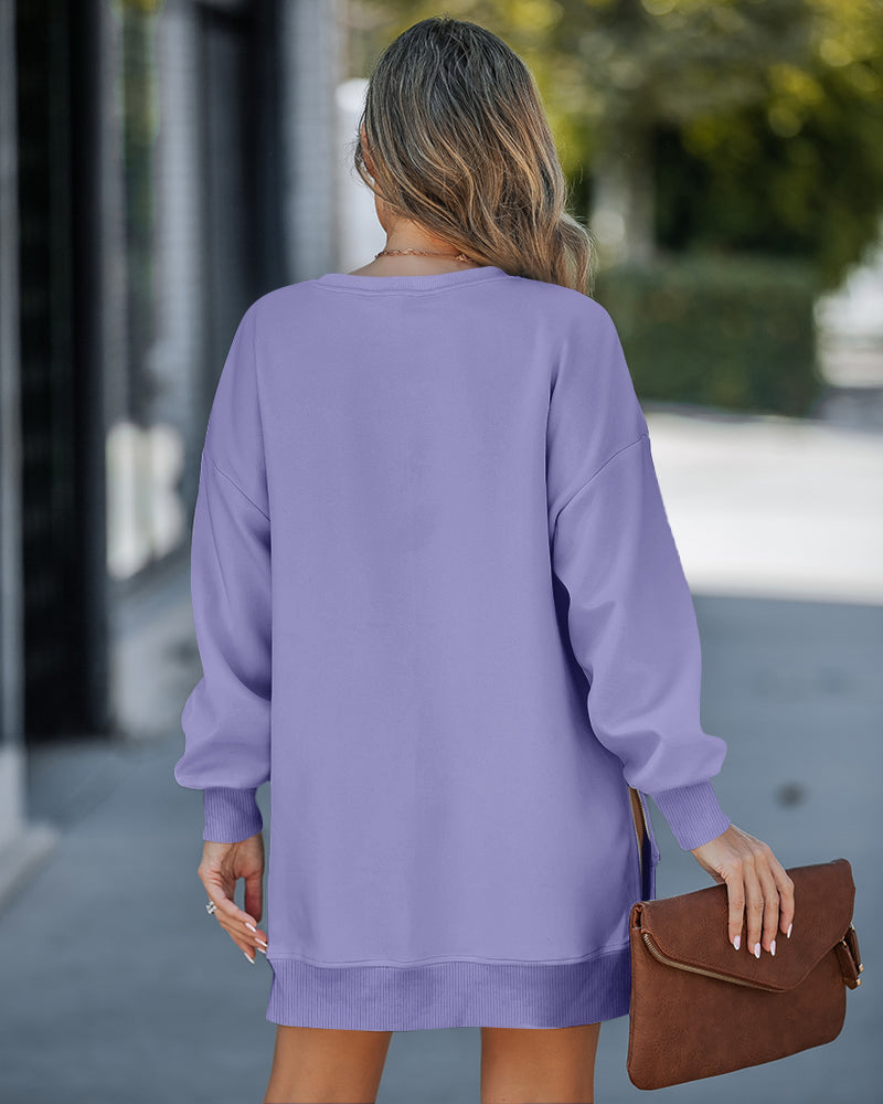 Letter Patch Detail Long Sleeve Drop Shoulder Pullover Sweatshirt Casual Zipper Side Slit Top