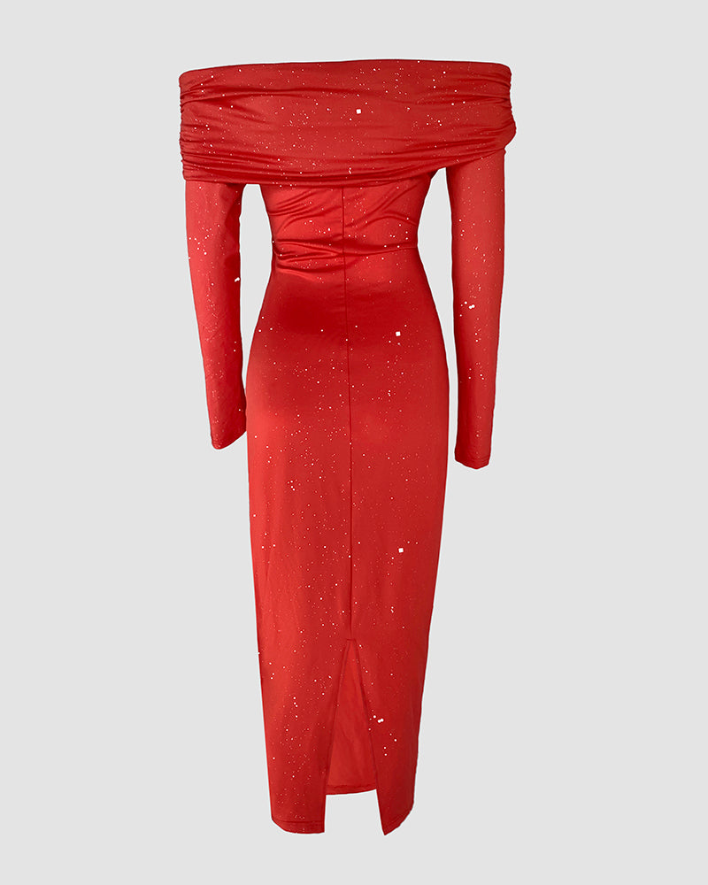 Off Shoulder Long Sleeve Chic Mental Buckle Ruched Mid-Calf Dress