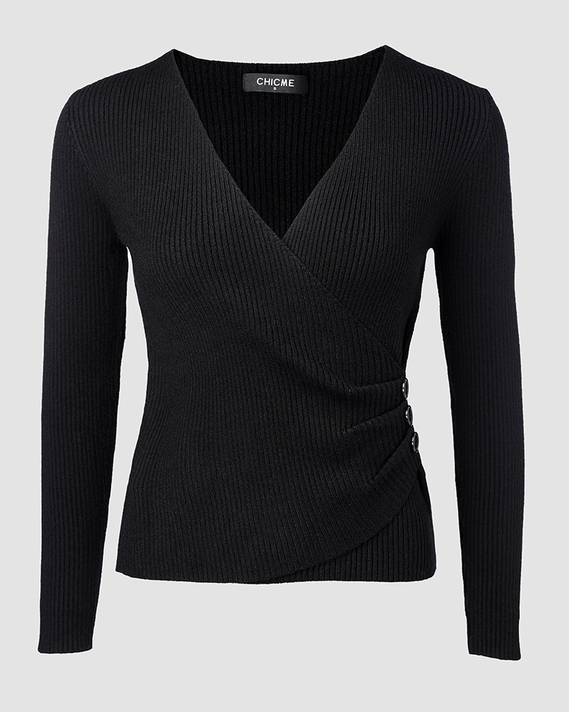 Overlap V-Neck Ruched Side Button Decor Knit Sweater Slim Fit Ribbed Pullover Top