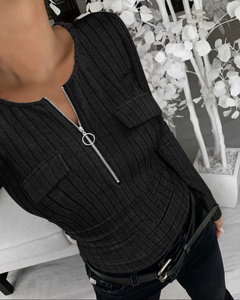 Long Sleeve Half Zip Flap Detail Ribbed Tee Slim Fit Brushed Top