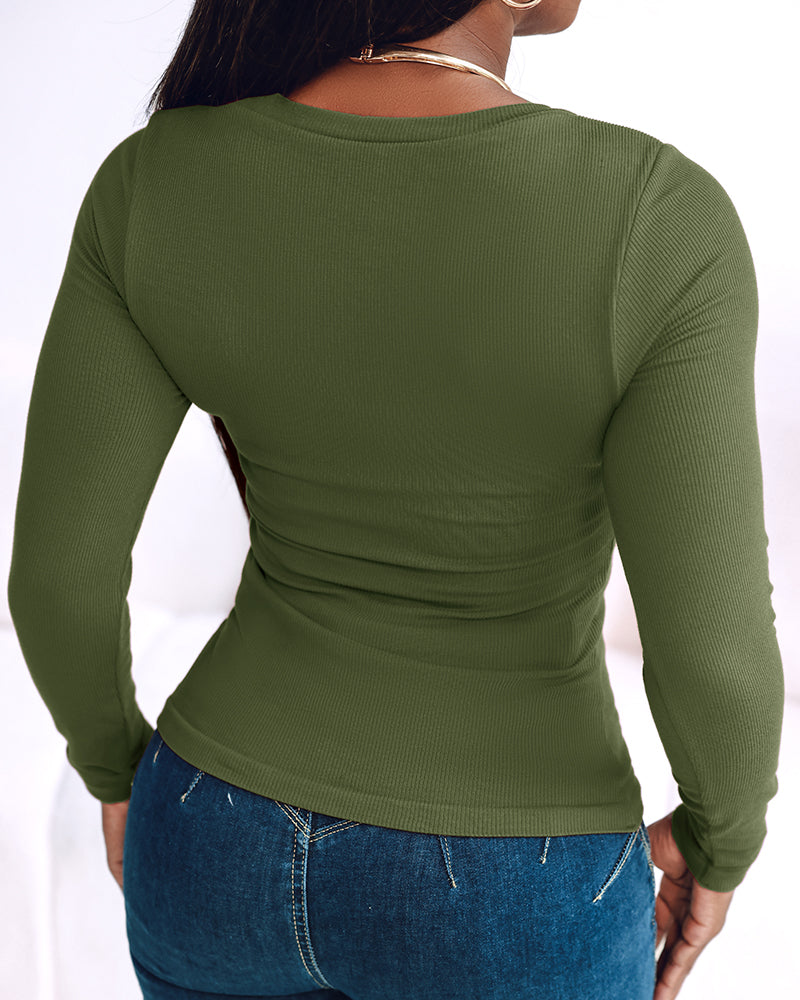 Built In Bra U Neck Tee High Stretchy Knit T-Shirt Long Sleeve Top