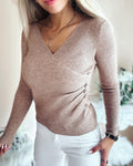 Overlap V-Neck Ruched Side Button Decor Knit Sweater Slim Fit Ribbed Pullover Top