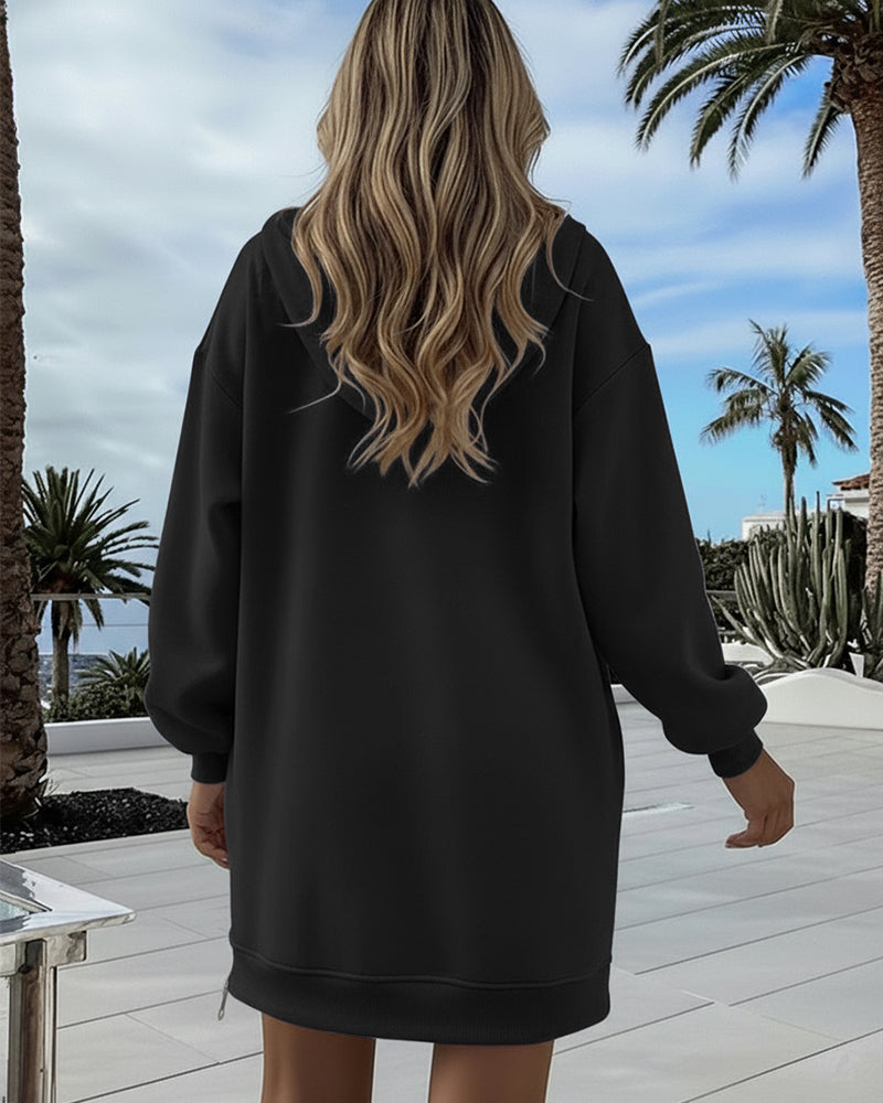 Long Sleeve Pocket Design Pullover Sweatshirt Casual Faux Two Piece Longline Drawstring Hooded Top