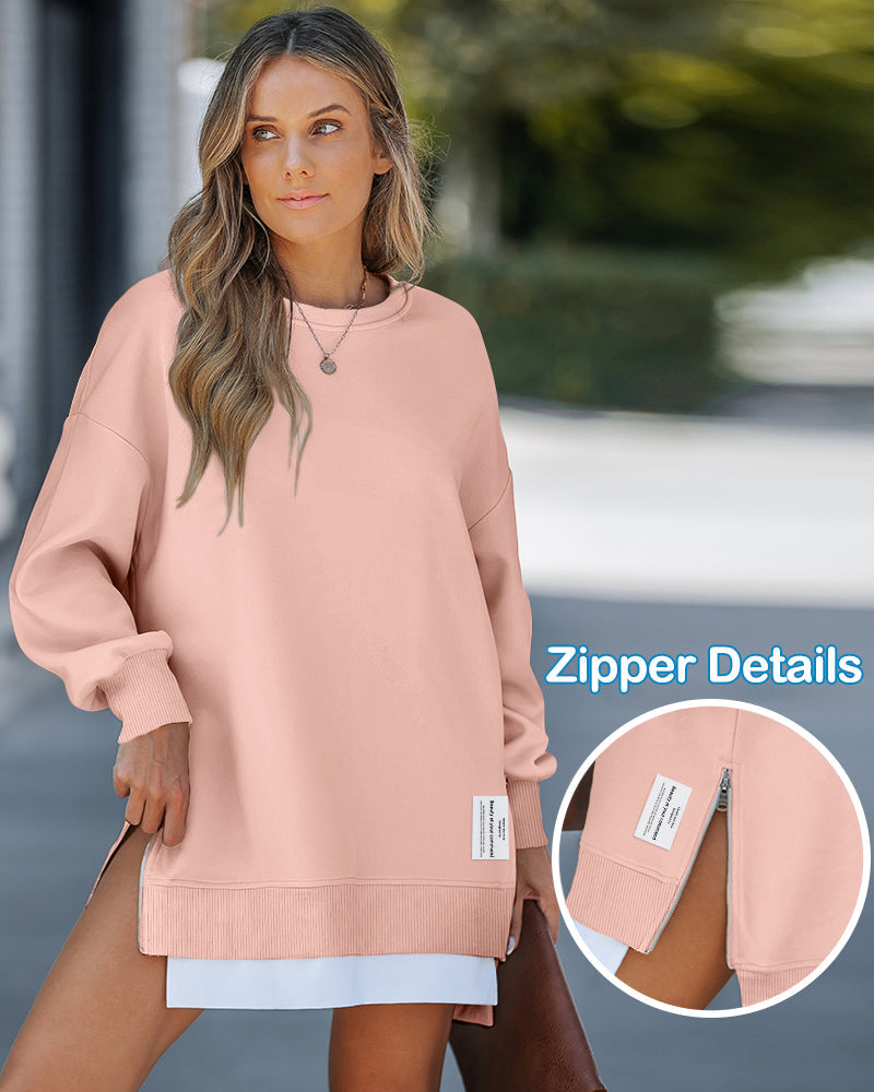 Letter Patch Detail Long Sleeve Drop Shoulder Pullover Sweatshirt Casual Zipper Side Slit Top