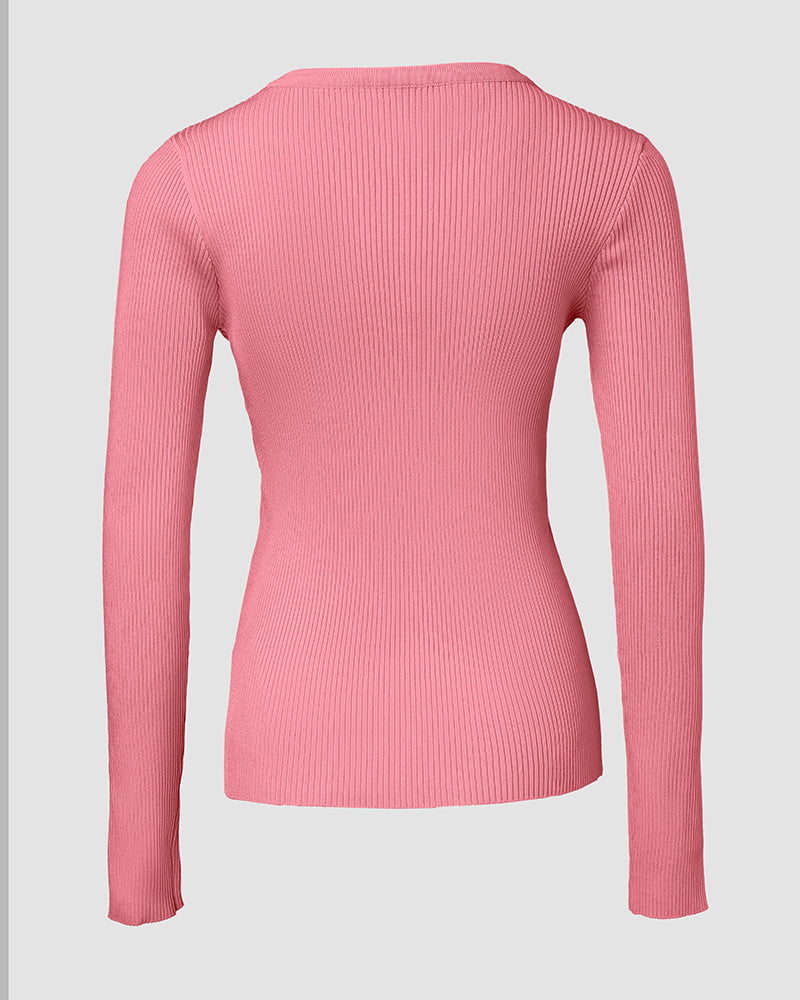 Crewneck Half Zipper Flap Detail Knit Sweater Long Sleeve Slim Fit Ribbed Pullover Top