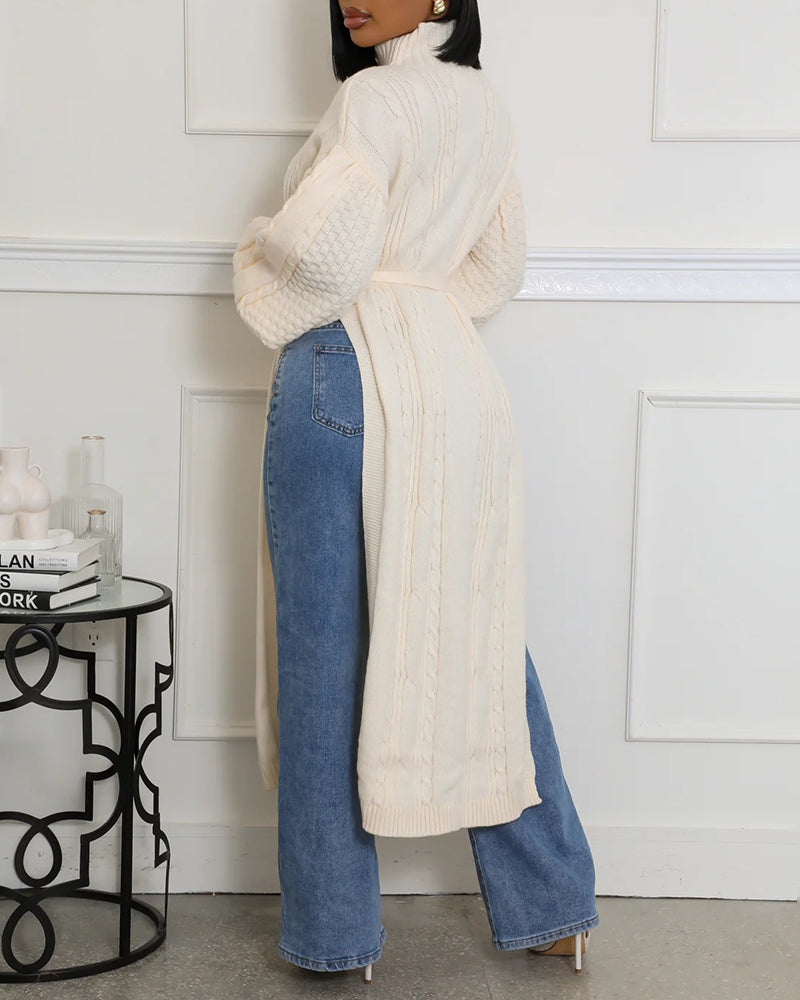 Cable Textured High Neck Lantern Sleeve Bow Tie Waist Sweater Casual High Slit Knit Longline Top