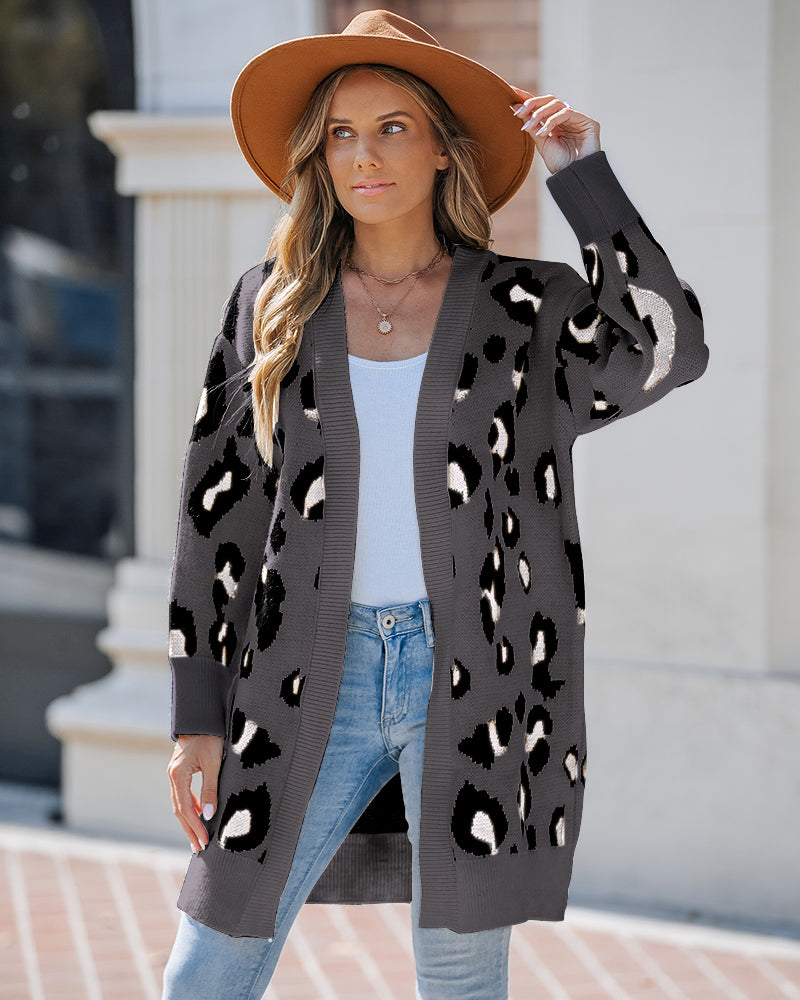 Leopard Pattern Longline Knit Cardigan Open Front Sweater