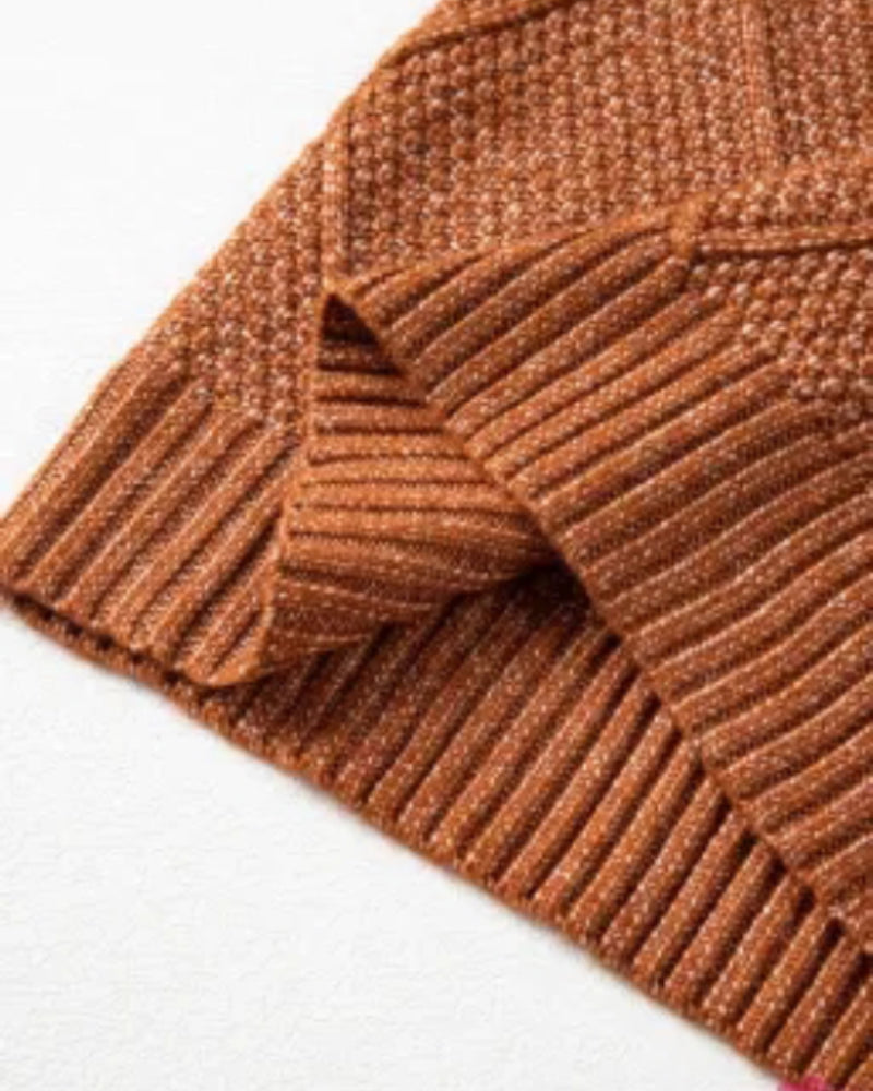 Round Neck Long Sleeve Drop Shoulder Pullover Sweater Casual Loose Fit Cable Knit Mid Length Sweater