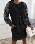 Stand Collar Sequin Long Sleeve Drawstring Casual Mini Straight Dress