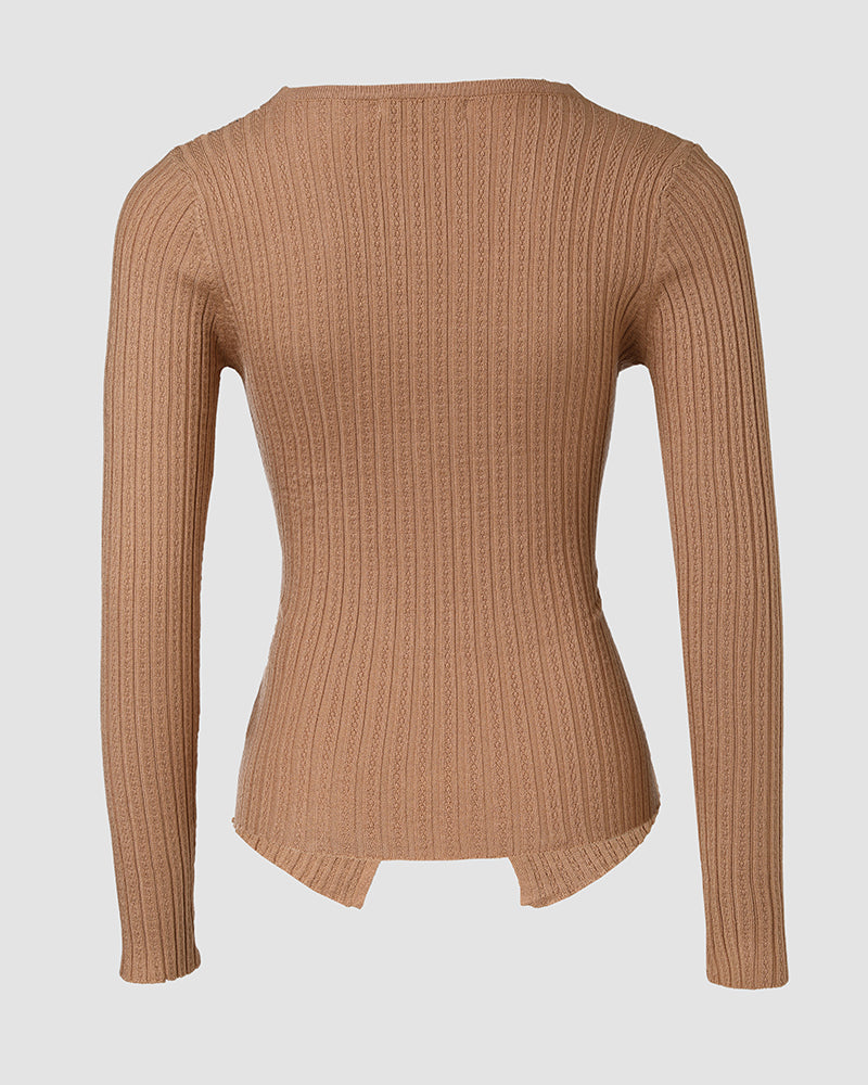 Rhinestone Decor Overlap V Neck Long Sleeve Knit Sweater Asymmetrical Hem Slim Fit Textured Pullover Top