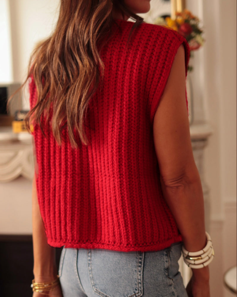 V-Neck Sleeveless Button Front Knit Vest Casual Loose Fit Sweater Top with Pockets